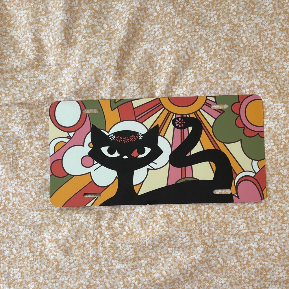 Retro Black Cat License Plate - Colorful Floral Background